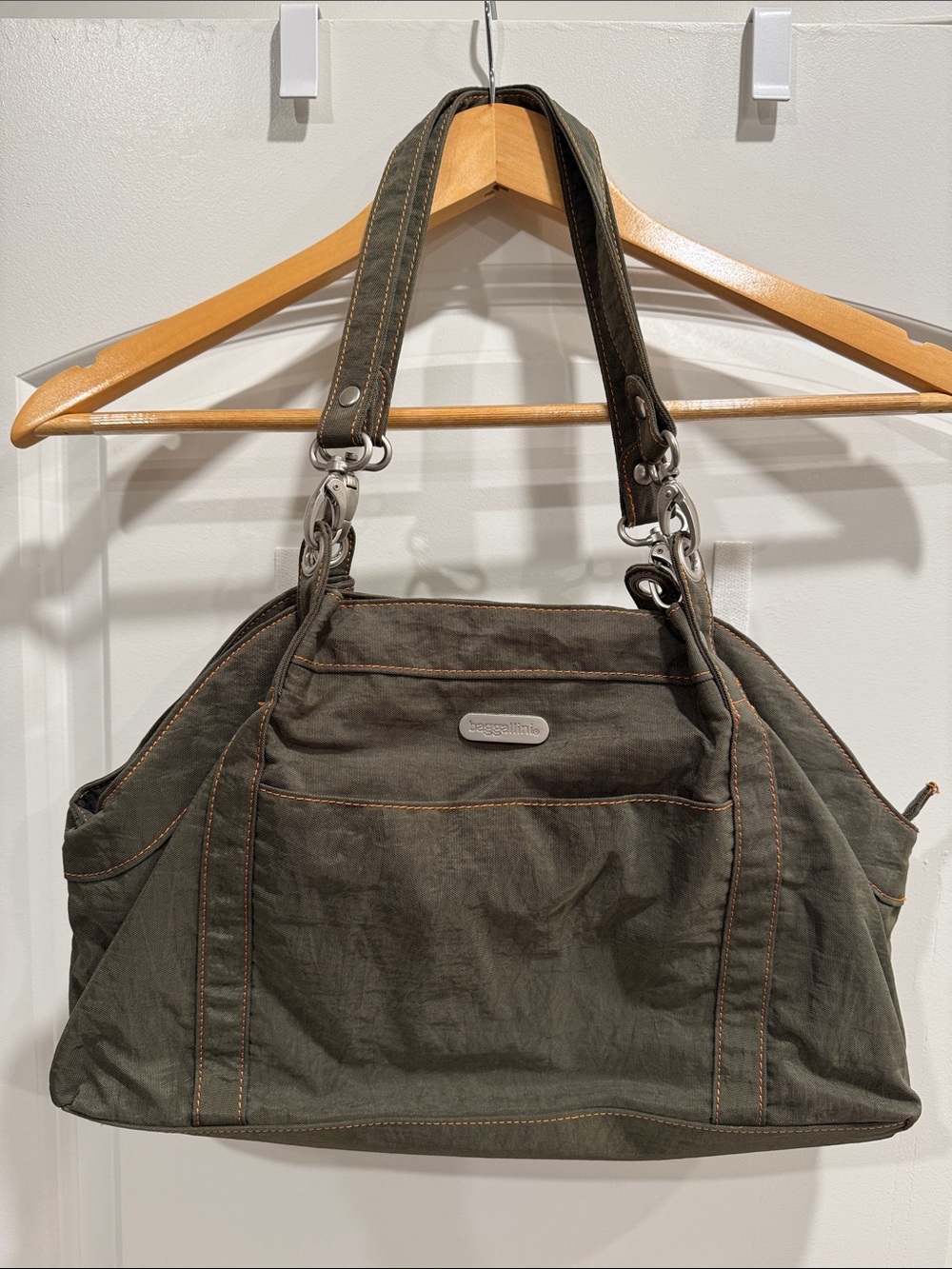 Baggallini Olive Tote with Orange Stitching, Orange Interior, and Silver Logo